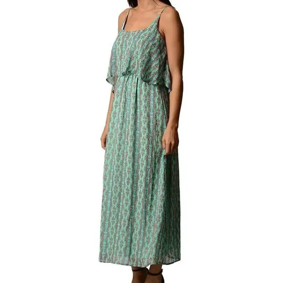 Christine V Printed Mint Green Chiffon Flowy Maxi Dress Tribal Pattern Size M - Picture 4 of 11
